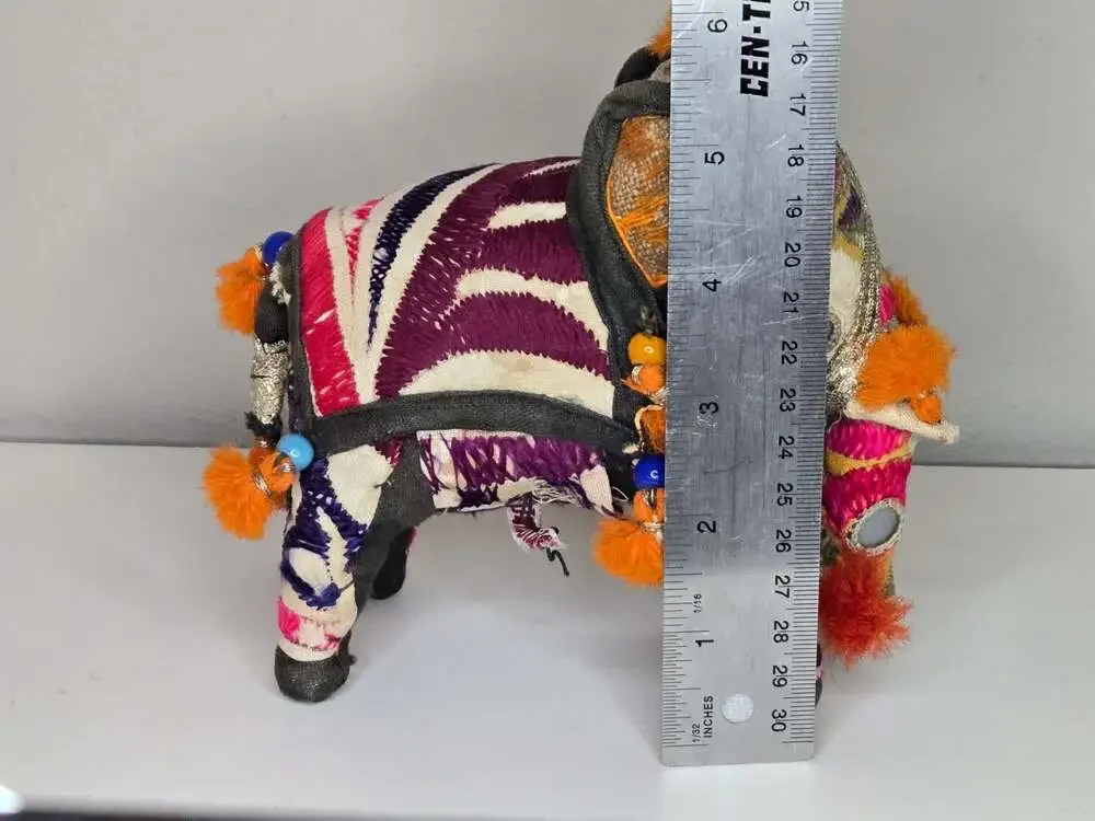 Vintage Handcrafted Indian Folk Art Patchwork Embroidered Beaded Elephant Figure